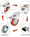 4 Inch Heavy Duty Casters With Dual Locking Swivel Wheels And Non Marking Polyurethane Tires For Shock Absorbing Glide, showing dual lock and smooth rotation.