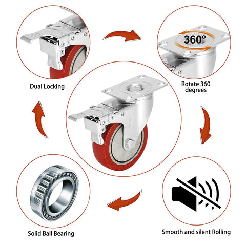 4 Inch Heavy Duty Casters With Dual Locking Swivel Wheels And Non Marking Polyurethane Tires For Shock Absorbing Glide, showing dual lock and smooth rotation.