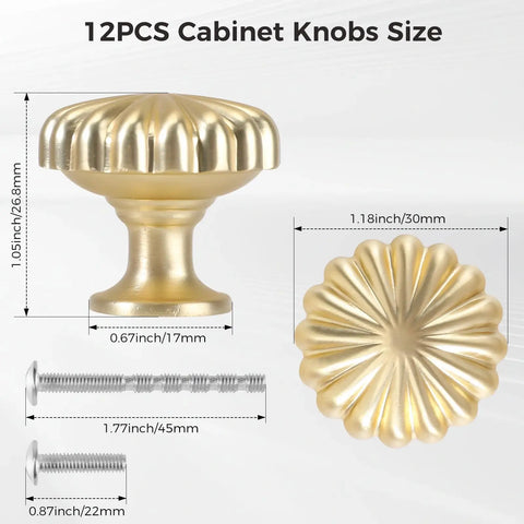 12 Pack Vintage Brushed Gold Cabinet Knobs Set For Kitchen Dresser And Wardrobe, Solid Zinc Alloy Hardware Pulls, Elegant Brushed Finish, An Easy Upgrade For Your Cabinets And Furniture, Elevate Home Decor. 26.8mm knob, 45mm screw