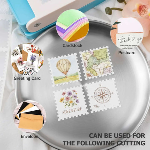 Examples of paper designs cut by Rectangular Stamp Puncher Kit 0.8 Inch With Lever Action Paper Punch Includes Glue Sticks and Paper Sheets