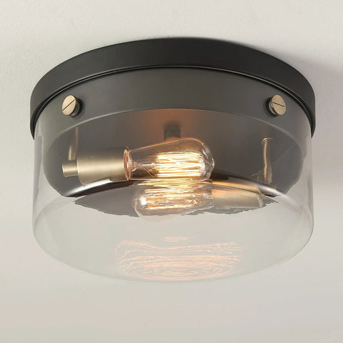 Ella 1-Light Flush Mount Ceiling Light In Matte Black With Chrome Accents And Clear Glass Shade, Vintage-Inspired Fixture.