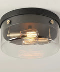 2 Light Flush Mount Ceiling Light in Matte Black with Brass Accents and Clear Glass Shade, dope modern glam fixture.