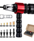 Upgrade Your Tool Kit With This Rock Solid Rivet Nut Gun Adapter For Fast And Easy Drill Installation That Saves Time, Fits Standard 1/4 Inch Drills And Works Like A Charm On Any DIY Project. Red and black metal rivet nut adapter with M3-M10 mandrels, wrench, and case
