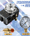 Air Compressor Pressure Switch 135 To 175 PSI 4 Port 20 Amp With 0 To 200 PSI Gauge And 200 PSI Safety Relief Valve Quarter Inch NPT Replacement Parts For Air Compressors