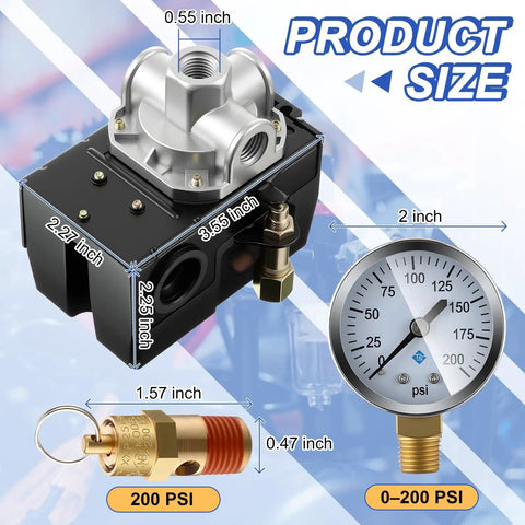 Air Compressor Pressure Switch 135 To 175 PSI 4 Port 20 Amp With 0 To 200 PSI Gauge And 200 PSI Safety Relief Valve Quarter Inch NPT Replacement Parts For Air Compressors