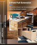 Heavy Duty Locking Drawer Slides With 250 Pound Load Capacity Full Extension Side Mount Rail System For Custom Cabinetry And Garage Shop Storage showing full extension.