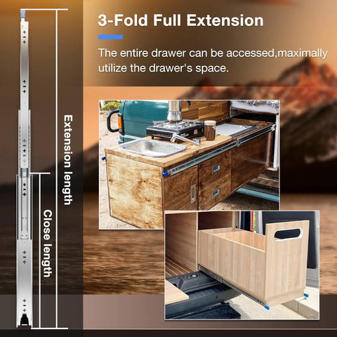 Heavy Duty Locking Drawer Slides With 250 Pound Load Capacity Full Extension Side Mount Rail System For Custom Cabinetry And Garage Shop Storage showing full extension.