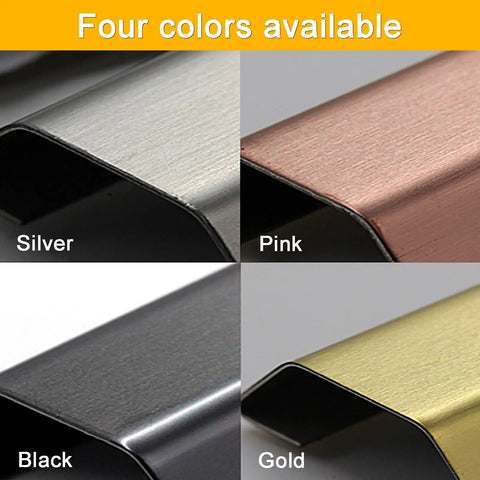 Heavy Duty Stainless Steel Floor Cable Cover With Self Adhesive Backing in Silver, Pink, Black, Gold colors showcased.
