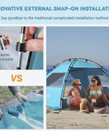 CumbreX Beach Tent Sun Shelter with Canopy for 6 to 8 people, showcasing snap-on installation and beach lounging.