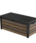 Signature Collection 120 Gallon Resin Deck Box For Patio Gear Stash And Organization Perfect For Outdoor Cushions Throw Pillows Pool Accessories Towels Garden Tools And Beach Gear Rustproof Weather Resistant Walnut, front view showing lockable lid and weather-resistant finish.