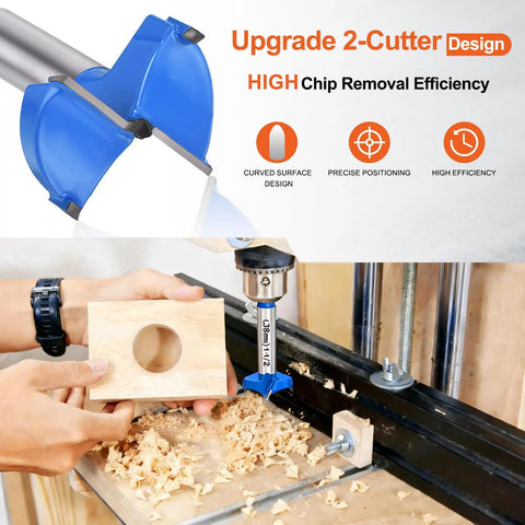Built Tough Forstner Drill Bits Two Pack 1.5 Inch 38mm Tungsten Carbide Tipped drilling clean holes in wood with precise cutting.