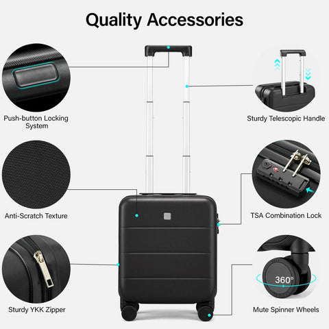 16 Inch Underseat Carry On Luggage With Wheels Hard Shell Mini Suitcase For Airline Travel TSA Approved Lightweight Black