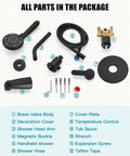 All parts of the Dope Matte Black Tub Shower Faucet Set With Six Water Modes And Magnetic Handheld Valve Kit laid out.