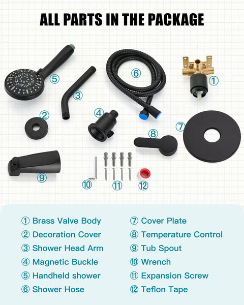 All parts of the Dope Matte Black Tub Shower Faucet Set With Six Water Modes And Magnetic Handheld Valve Kit laid out.