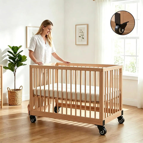 Four Pack 2 Inch Side Mount Casters With Silent Fixed L Bracket Wheels on wooden crib in sunny room, designed for smooth movement.