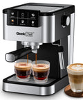Quick Draw Espresso Machine With On Deck Milk Frother, 20 Bar Pump For Rich Pulls, espresso shots filling two glasses