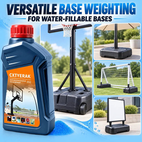 Heavy Duty Weighted Gel For Basketball Hoop Base Replaces 675 Lbs Of Sand Without The Backbreaking Hustle Quick Water Activation Saves Your Back And Makes Yard Setup An Absolute Breeze in a 27 oz container with various filled bases.