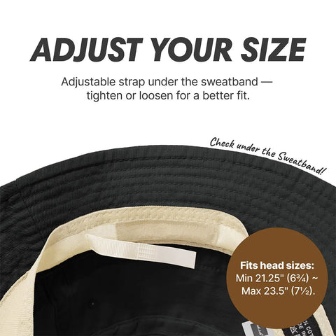 Inside view of All Day Cotton Bucket Hat With Adjustable Comfort Strap For Beach, Golf, Fishing And Outdoor Fun, Black color