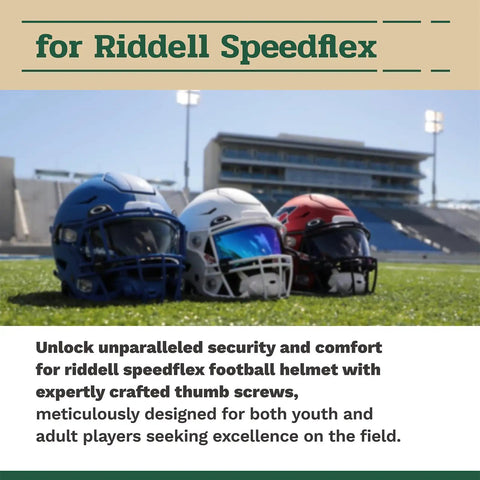 Elite Knurled Thumb Screws For Riddell SpeedFlex Football Helmets Youth And Adult, three helmets on field for secure fasteners.