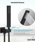 Wall Mounted Bathtub Faucet With Handy Sprayer Built To Last Matte Black Tub Shower Set Single Handle Mixer With 2 In 1 Diverter And Swivel Spout Rough In Valve Included showing handheld shower spray with water flow and 360° rotation.