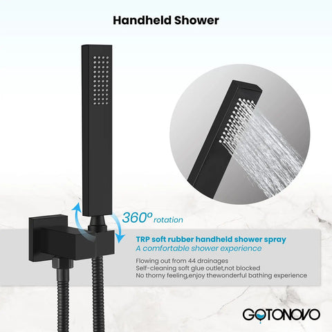 Wall Mounted Bathtub Faucet With Handy Sprayer Built To Last Matte Black Tub Shower Set Single Handle Mixer With 2 In 1 Diverter And Swivel Spout Rough In Valve Included showing handheld shower spray with water flow and 360° rotation.