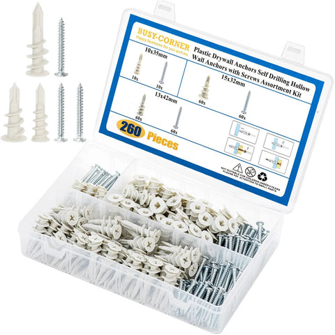 260 Pcs Self Drilling Drywall Anchors Set With Nylon Plastic Wall Anchors And Screws For Drywall No Pre Drill Hole Preparation Required Three Sizes 10x35mm 13x42mm And 15x32mm Durable Zinc Steel Screws For Indoor Or Outdoor Use displayed in open case