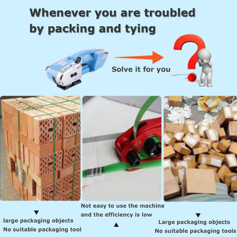 Heavy Duty Electric Strapping Machine Handheld Banding Tool For Pet Strap With Rechargeable Lithium Battery shown with packaging challenges.