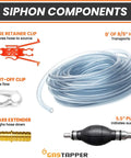 Portable Hand Fuel Transfer Pump Siphons Gasoline And Diesel Fast Up To Three Point Five Gallons Per Minute With Nine Foot Hose Brass Tip Weight And Pinch Clip Go To Gear For Cars Boats Mowers And Home Emergency Use components including hose, pump, brass tip, and clips