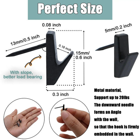 Diagram of stainless steel picture hanging nail showing dimensions with hand holding push pin hook.