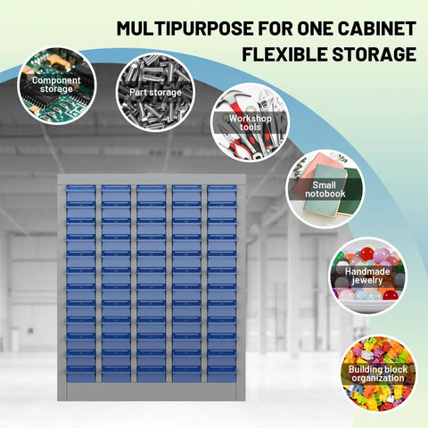 60 Drawer Tool Storage Cabinet With ABS Drawers Bolt Nut Organizer Parts Box And Hardware Shelving Unit For Garage And Workshop Durable Steel Frame Heavy Duty Organization And Easy Access Beast Of A Storage Solution in a workshop with labeled uses.
