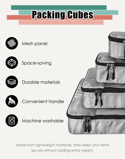 4 Piece Packing Cubes Travel Set For Luggage With Double Zippers And Mesh Top Grey Organizer Bags stacked in different sizes