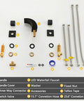 Components of Matte Black Waterfall Bathroom Faucet With LED Temperature Indicator, including hoses, knobs, and spout.