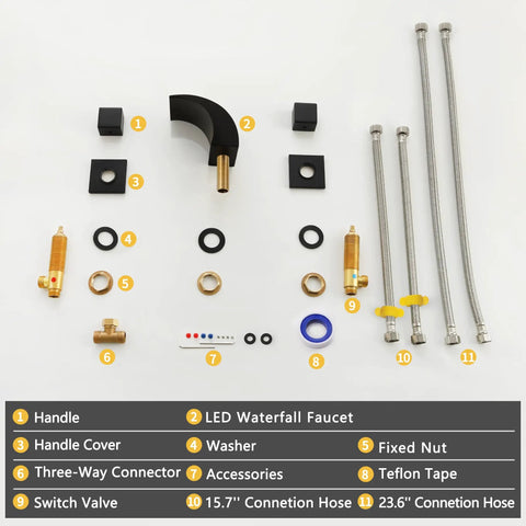 Components of Matte Black Waterfall Bathroom Faucet With LED Temperature Indicator, including hoses, knobs, and spout.
