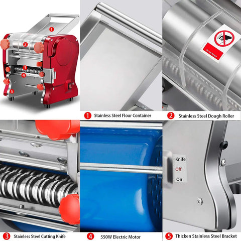 LEONEBEBE Electric Pasta Maker For Home Use Commercial Dough Sheeter showing stainless steel flour container and dough roller.