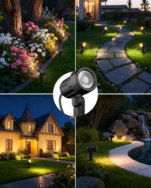 Low Voltage Landscape Lighting Kit With 12 Led Spotlights, 100 Ft Wire, Transformer And 24 Connectors illuminating garden