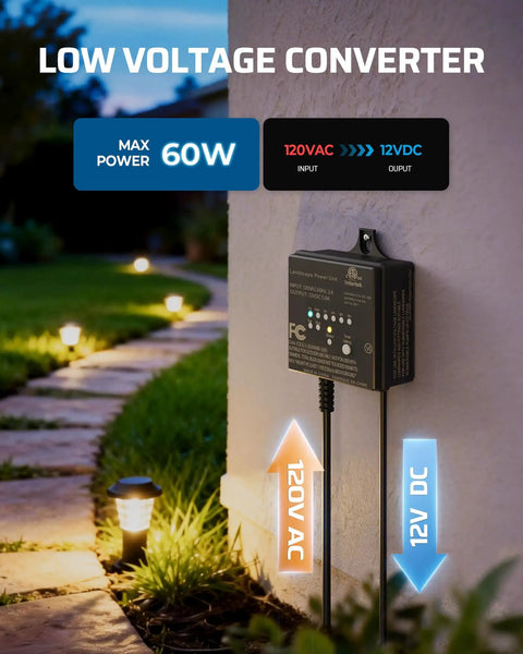 Outdoor Low Voltage Transformer 60W 120V AC To 12V DC installed in garden with pathway lights. Weatherproof ETL listed for LED lighting.