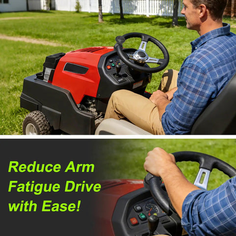 Man using tool-free steering wheel knob spinner on riding mower, highlighting easy install and arm fatigue reduction, 2 pack black.