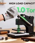 Small Leather Die Cutting Machine With 1 Ton Pressure And 18 Piece Die Set in use on a desk, showing manual operation for DIY crafting.