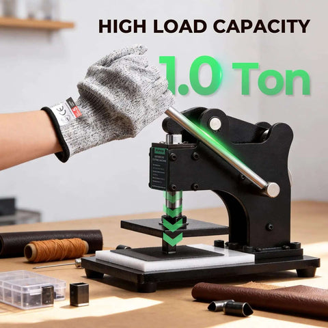 Small Leather Die Cutting Machine With 1 Ton Pressure And 18 Piece Die Set in use on a desk, showing manual operation for DIY crafting.