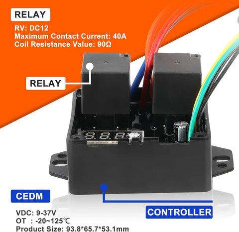 Close-up of Digital Thermostatic Fan Controller Kit for 12V and 24V Cars with visible relay and colored wires.