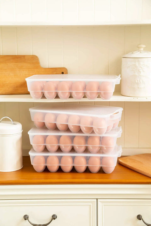 Covered Egg Holder For Fridge That Keeps Up To 18 Eggs Fresh, Heavy Duty Plastic Egg Storage Organizer, Pack Of 4 on kitchen shelf