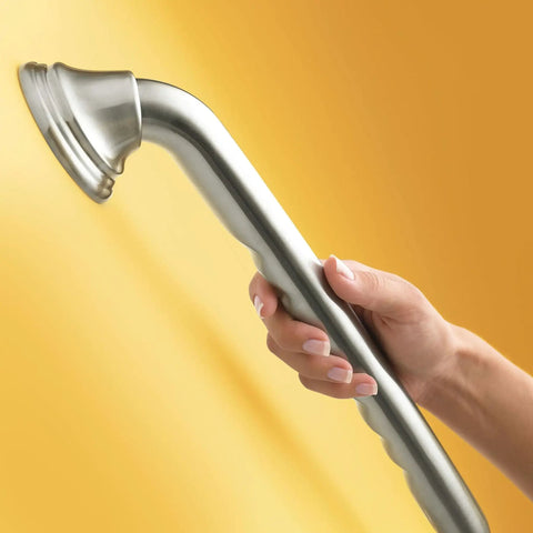 Heavy Duty 16 Inch Bathroom Grab Bar With Curled Grip In Brushed Nickel Finish held by hand on a yellow background