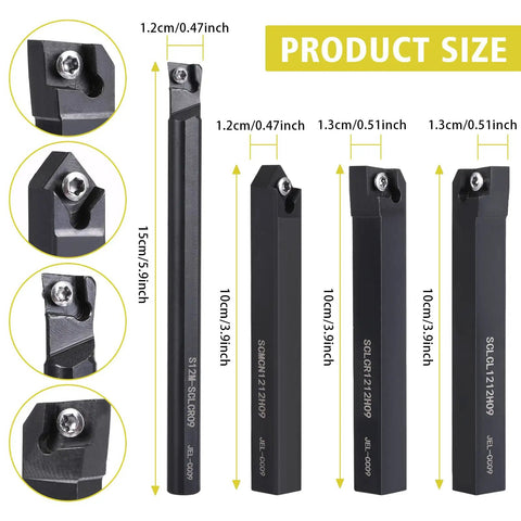 14 Piece Indexable Lathe Turning Tool Set With 4 Half Inch Shank Tool Holders And 10 CCMT09T304 Carbide Inserts Includes 4 T15 Wrenches For Quick Swaps Pro Grade Beefy Durable Tools Built For Precision Turning shown with product dimensions.