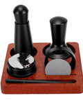 Top Shelf Espresso Setup 51mm Spring Loaded Tamper Set With 7 Pro Premium Barista Tools And Sapele Wood Station view on a wooden base.