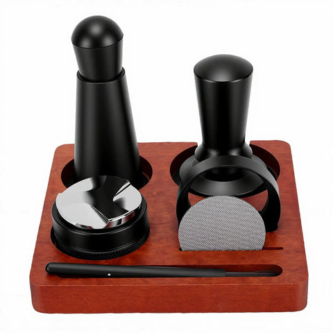 Top Shelf Espresso Setup 51mm Spring Loaded Tamper Set With 7 Pro Premium Barista Tools And Sapele Wood Station view on a wooden base.