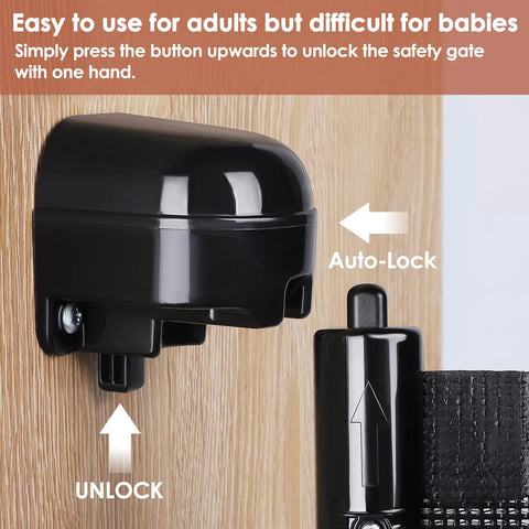 Close-up of the safety lock mechanism on the Adjustable Mesh Baby Gate 0 To 60 Inches Wide With Safety Lock Roll Up To Save Space Portable Folding Mesh Dog Gate For Stairs Indoor Outdoor Use Black.