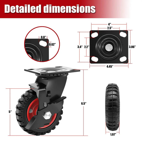 Detailed dimensions of Five Inch Heavy Duty Caster Wheels Set Of Four All Terrain Swivel Casters With Locking Brakes.
