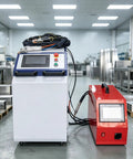 Heavy Duty Handheld Welder Machine With Digital Control And Auto Wire Feeder in a workshop setting with control panel and wire feeder.