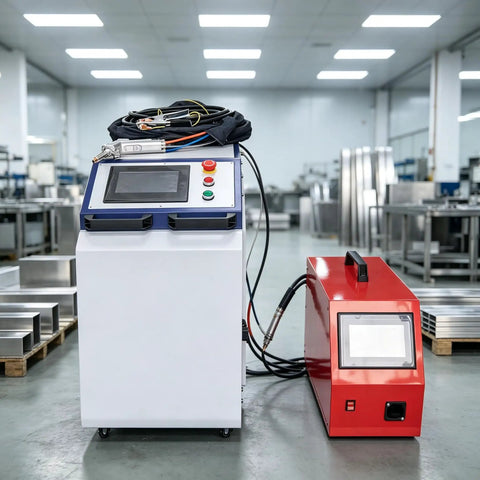 Heavy Duty Handheld Welder Machine With Digital Control And Auto Wire Feeder in a workshop setting with control panel and wire feeder.