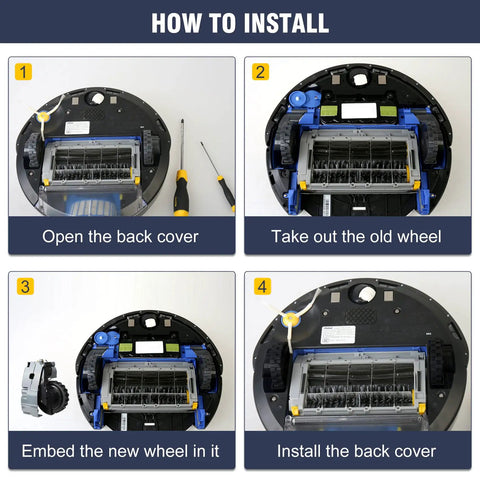 Installation guide for Right Left Drive Wheel Module Pair For iRobot Roomba 500 600 700 800 900 Series Replacement Wheel Passed OEM Test Easy Install Not For E J I Series Premium Quality Replacement Part For Durable Snap In Fit showing step-by-step instructions.